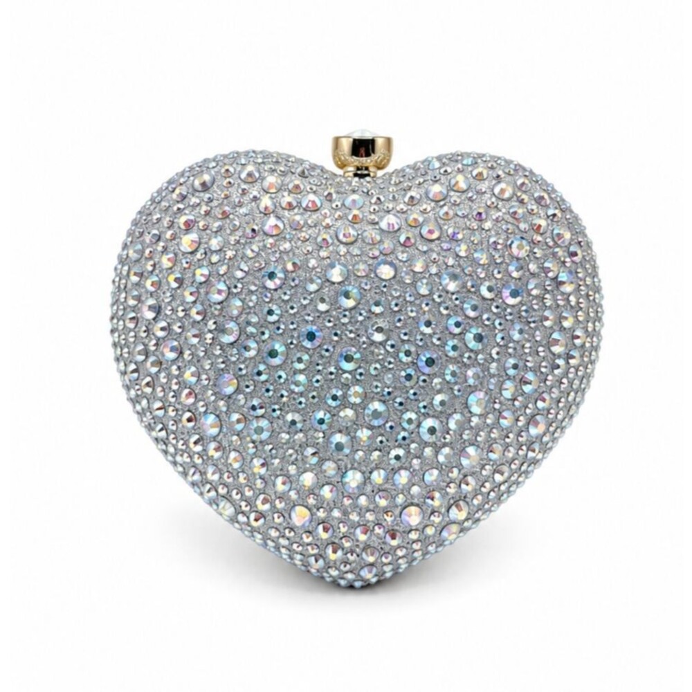 Silver Crystal Heart Clutch Bag Gold Handle Formal Evening Cocktail Purse NEW